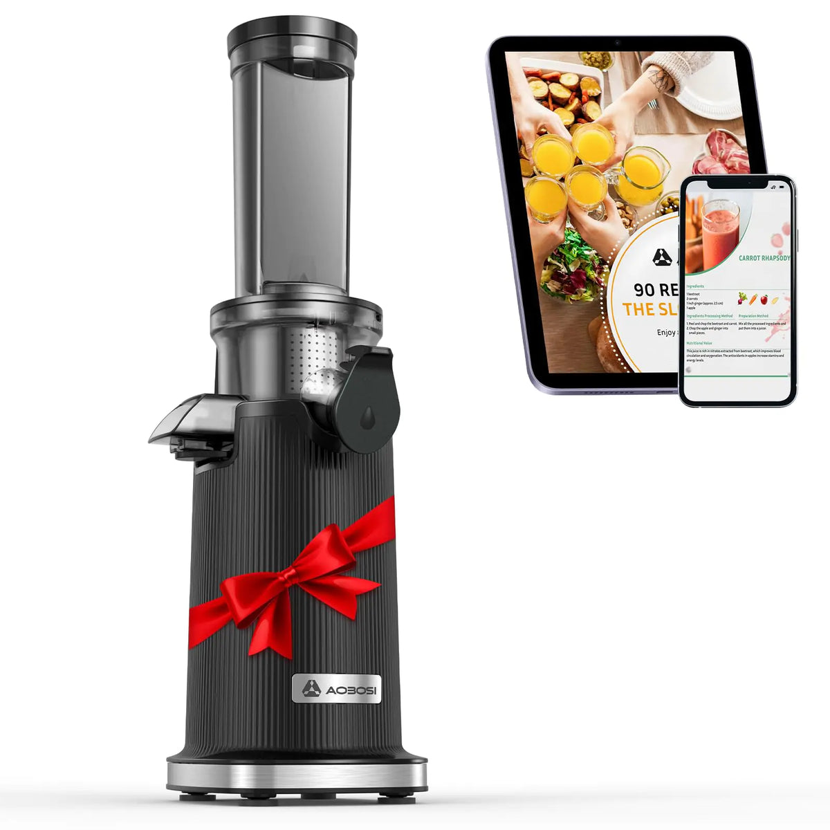 The Rootside Press compact cold press juicer in black, with juice and pulp cups